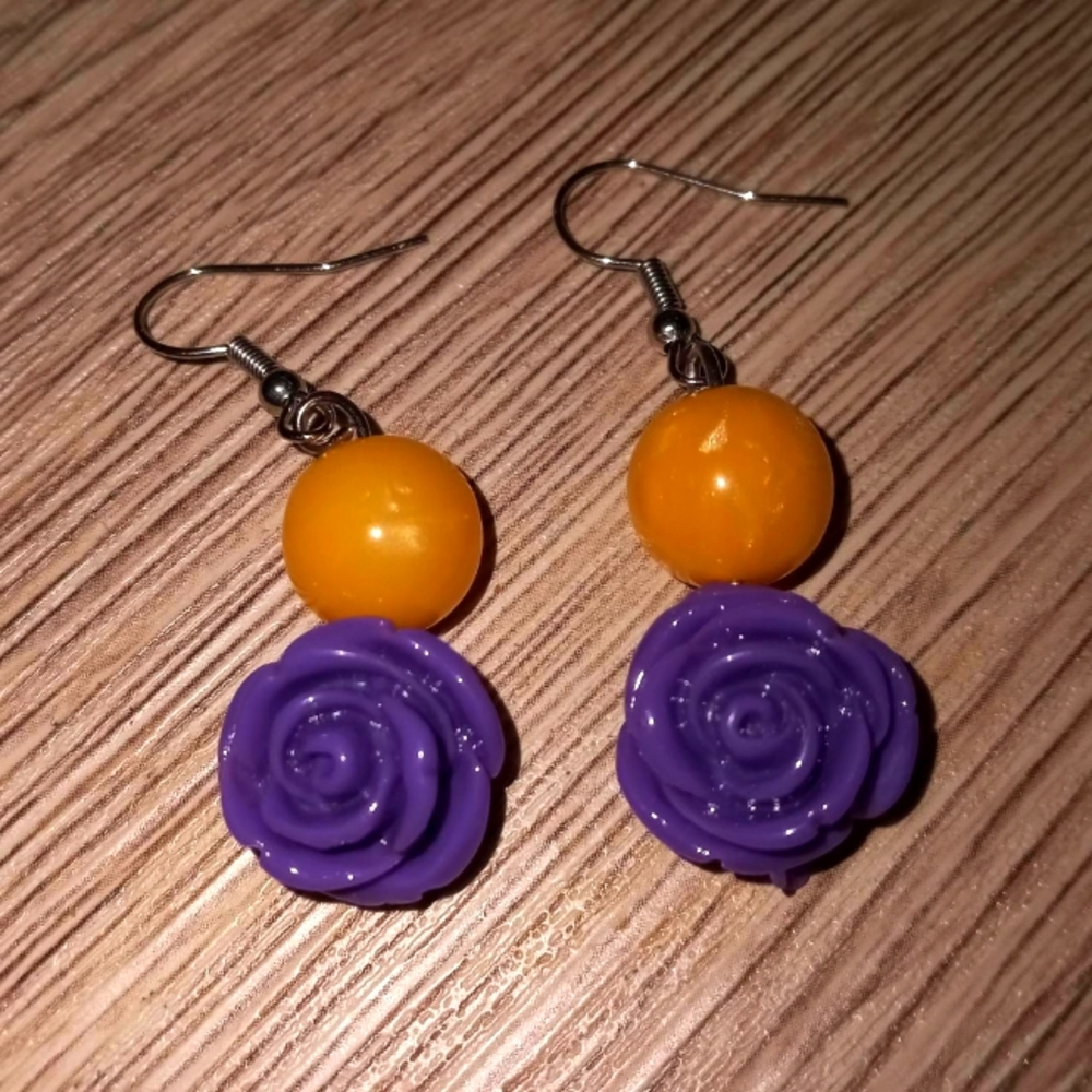 Hand Crafted orange and purple rose floral beaded statement earrings dangling